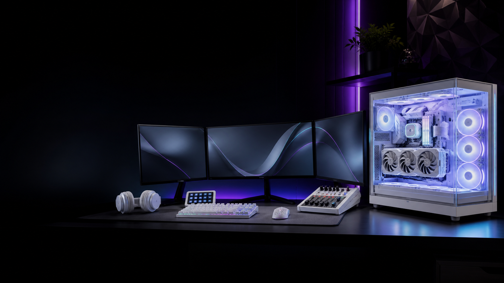 Setup gaming et streaming blanc avec trois écrans, éclairage violet et cyan